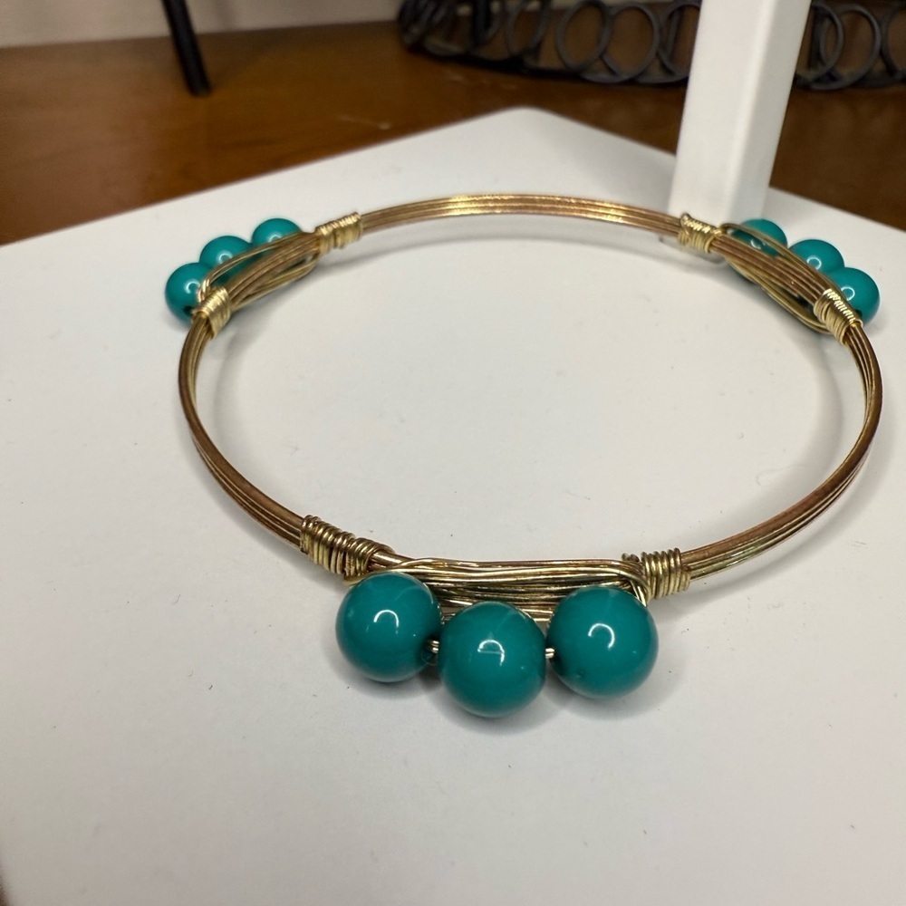 Vintage MADEIRA GEMSTONE BANGLE BRACELET Gold and Turquoise Beaded Bracelet - Picture 5 of 6